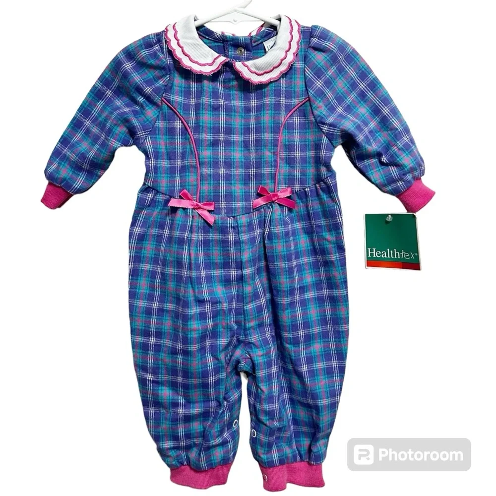 Healthtex one piece romper longsleeves plaid with collar ribbons 12 mos new
